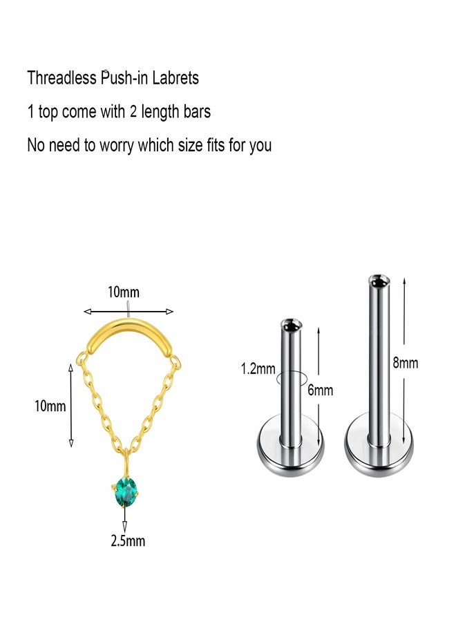 ENONTY Labret Studs Threadless Push-in Labret Press Fit 16G Cluster Helix Lobe Conch Tragus Push Back Piercing Jewelry G23 Titanium (gold chain-Green) - Image 2